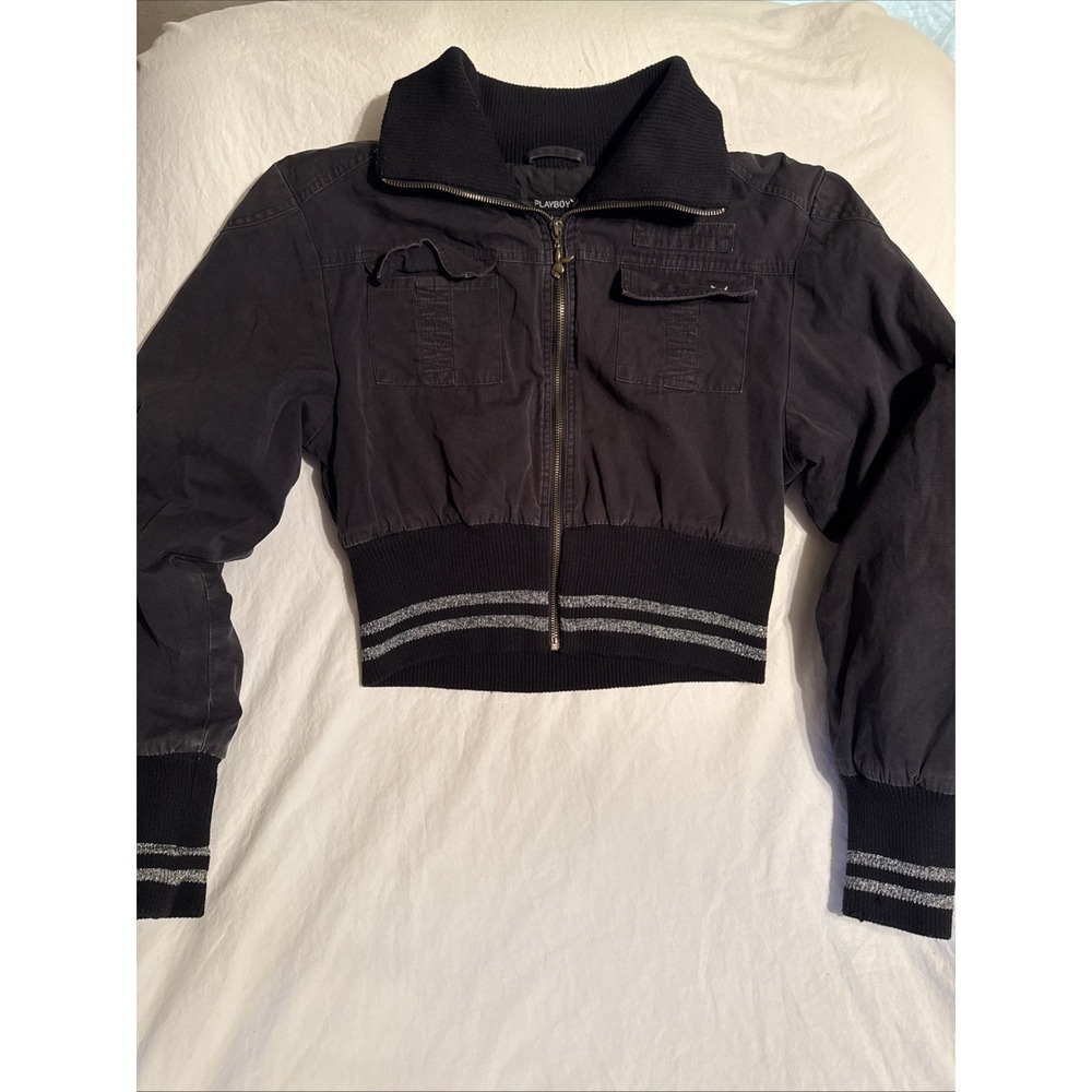 Women's Vintage Playboy Crop Top Bomber Jacket Large Black Mint Rare Grail